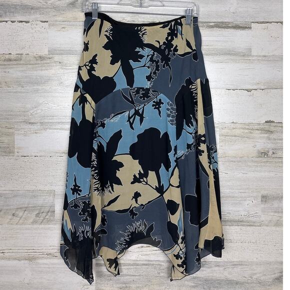 Anthropologie Womens small boho midi skirt lightweight floral blue black lined - Picture 1 of 3